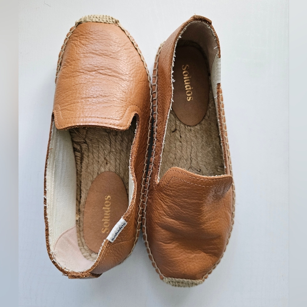 Soludos Tan Leather Flat Platform Smoking Slipper Espadrilles Size 6.5